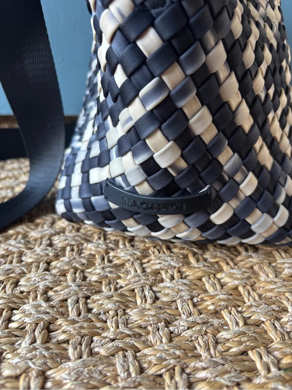 Naghedi St. Barths Black and Cream Woven Handheld Tote